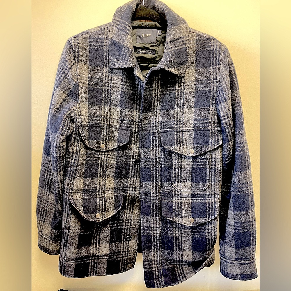J. Crew wool nylon grey navy stripe overcoat peacoat small
